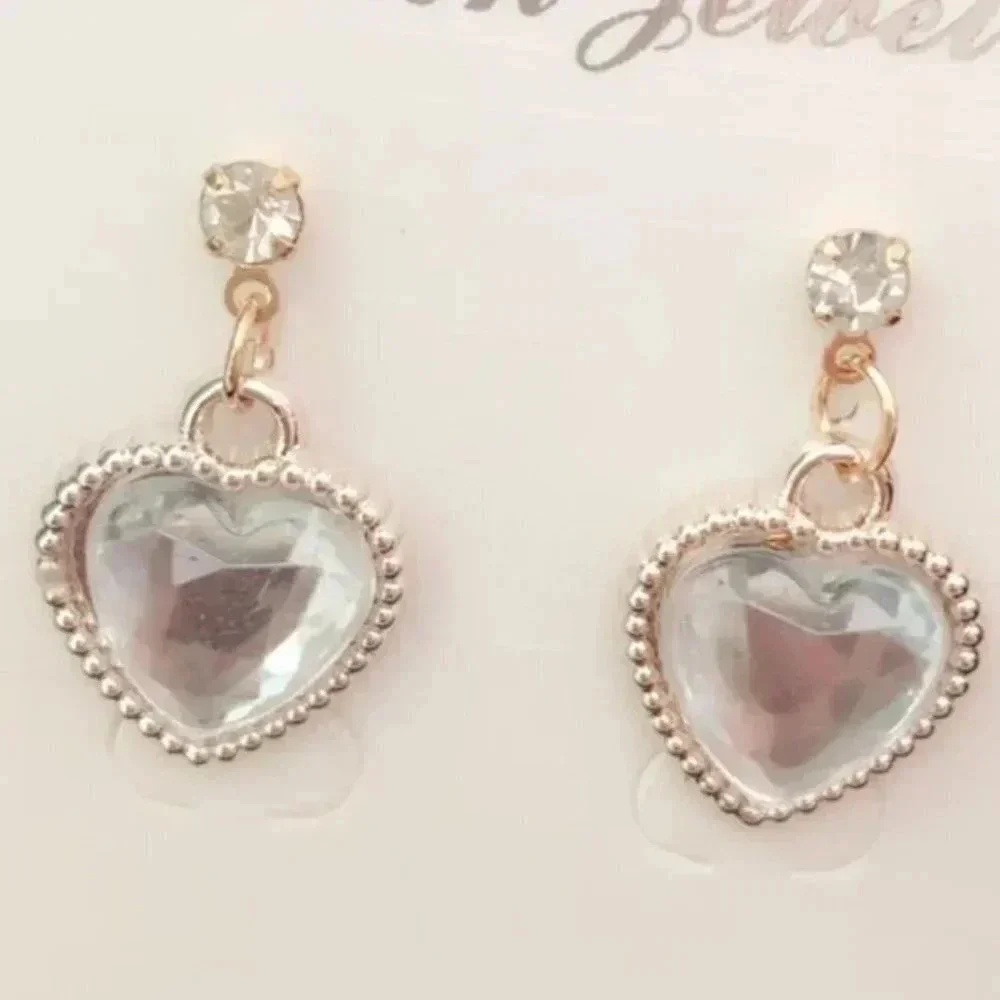 Rhinestone Heart Dangle Earrings Gold Clear